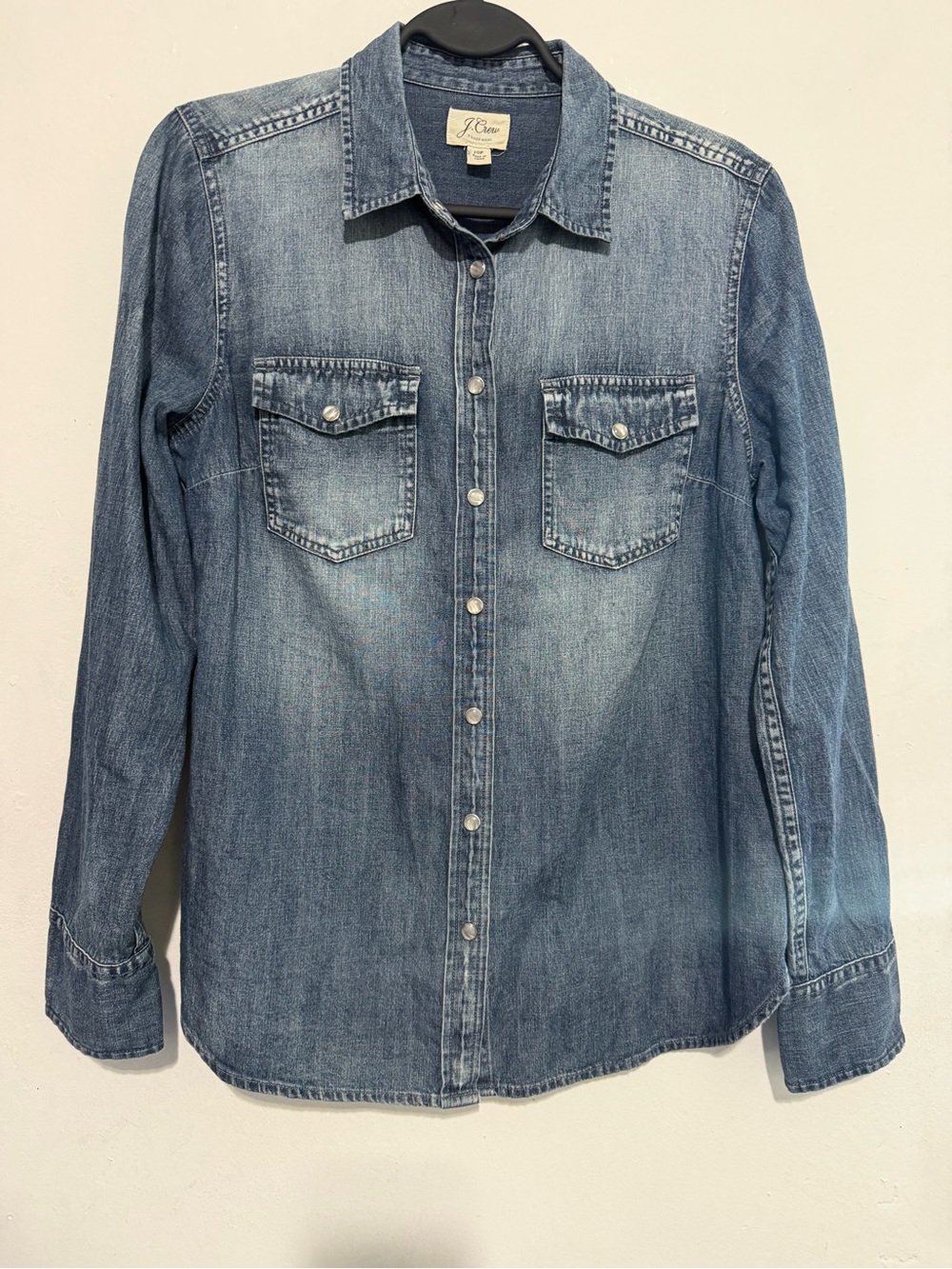 J.Crew Women’s 10P Petite Denim Western Shirt Pearl Snap 100% Cotton Blue
